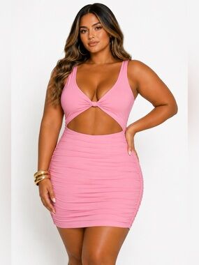 Kaximil Pink Ruched Cutout Bodycon Mini Dress